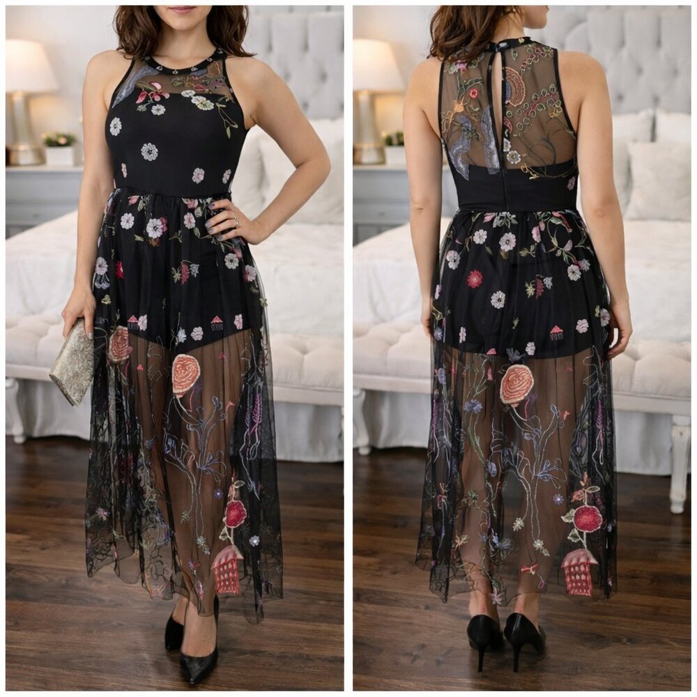 NWT L'Atiste Gorgeous Embroidered Sheer Gown $179